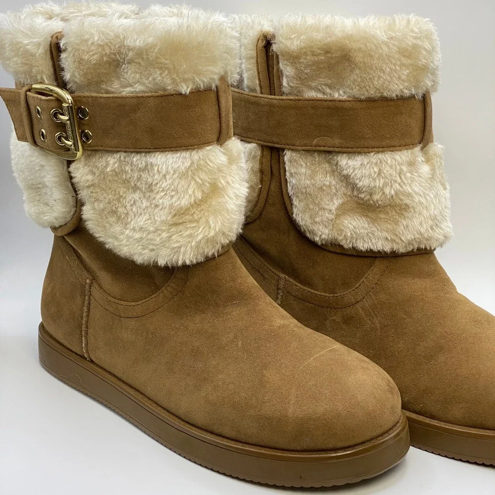 Guess Cozy Tan Faux Fur Buckle Detail Winter Boots Mid Calf Y2K Booties - 8